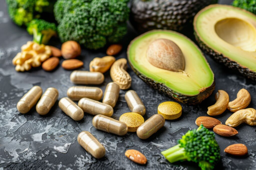 Ein gesundheitsorientiertes Bild, das Magnesium-Ergänzungskapseln neben natürlichen, Magnesium-reichen Lebensmitteln wie geschnittenen Avocados, frischem Brokkoli und verschiedenen Nüssen wie Mandeln und Cashewnüssen zeigt.