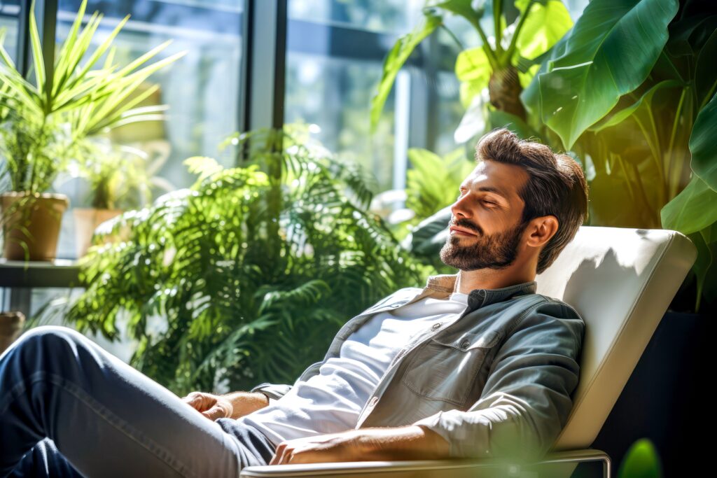 Männlicher Mitarbeiter entspannt sich friedlich im Ruhesessel im Pausenbereich mit grünen Pflanzen im modernen Büro. Psychische Gesundheit, Stressabbau, Produktivität.