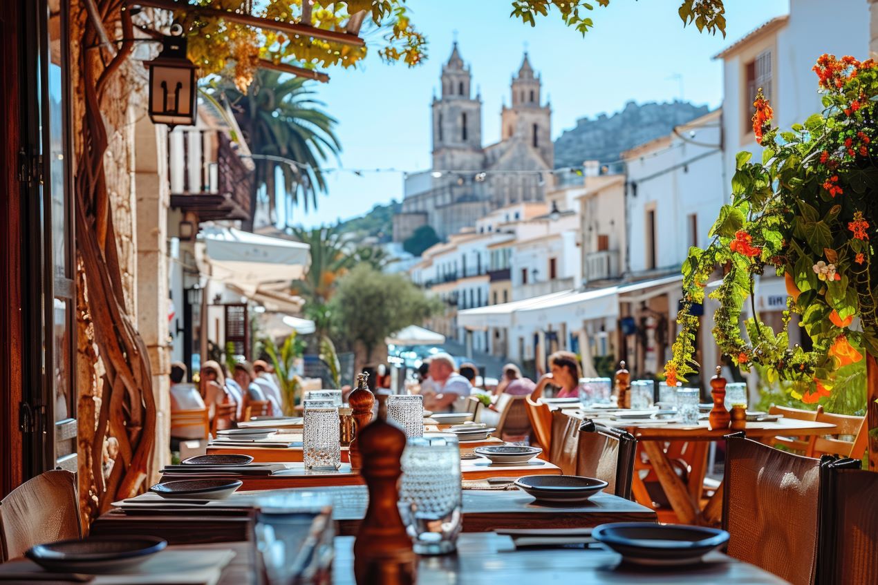 Restaurant in Ibiza mit gedecktem Tisch, Blick auf eine Kathedrale und mediterranem Flair