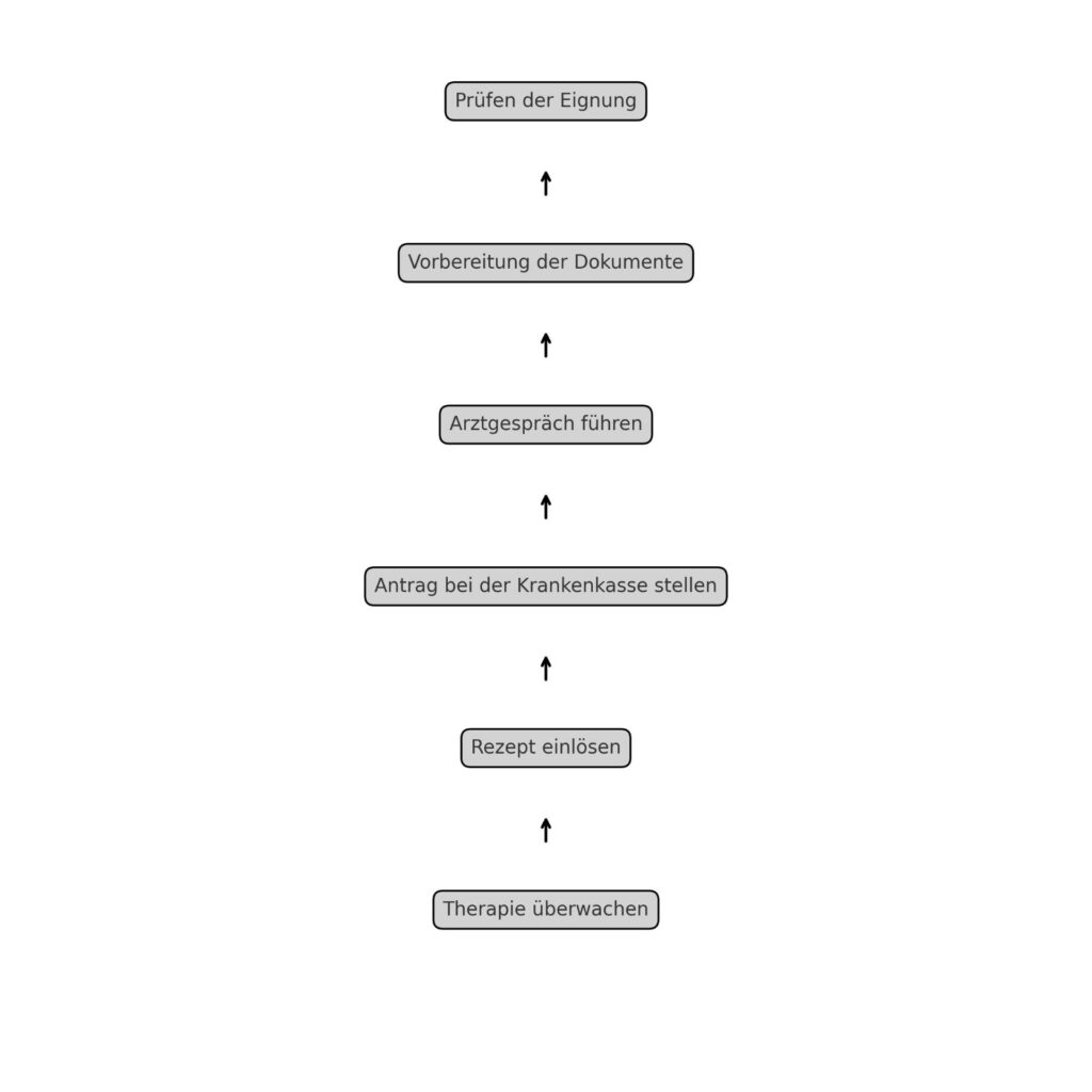 Flussdiagramm, das die sechs Schritte zur Beantragung von Cannabis auf Rezept übersichtlich darstellt.