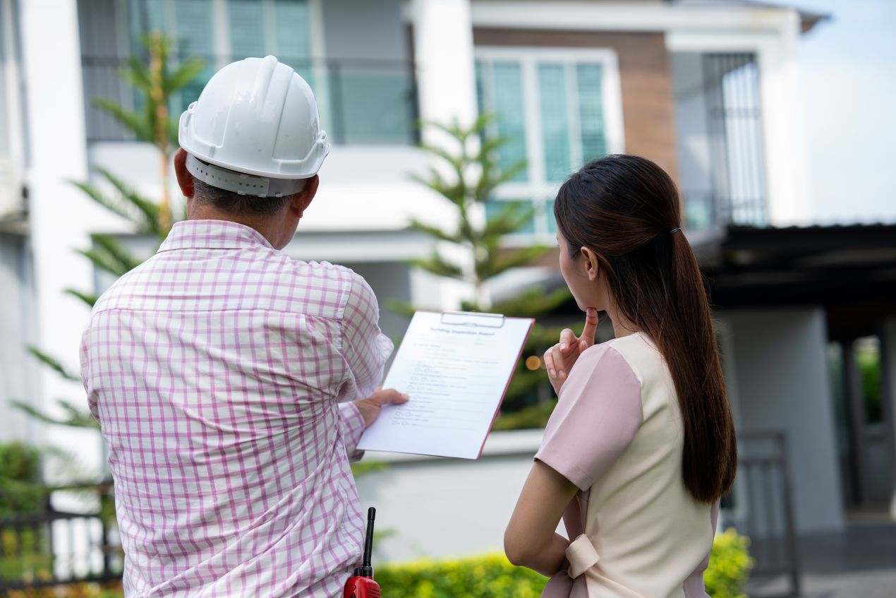 Ein Immobiliengutachter Stuttgart prüft mit einer Kundin die Außenansicht und Bausubstanz eines Hauses anhand einer Checkliste