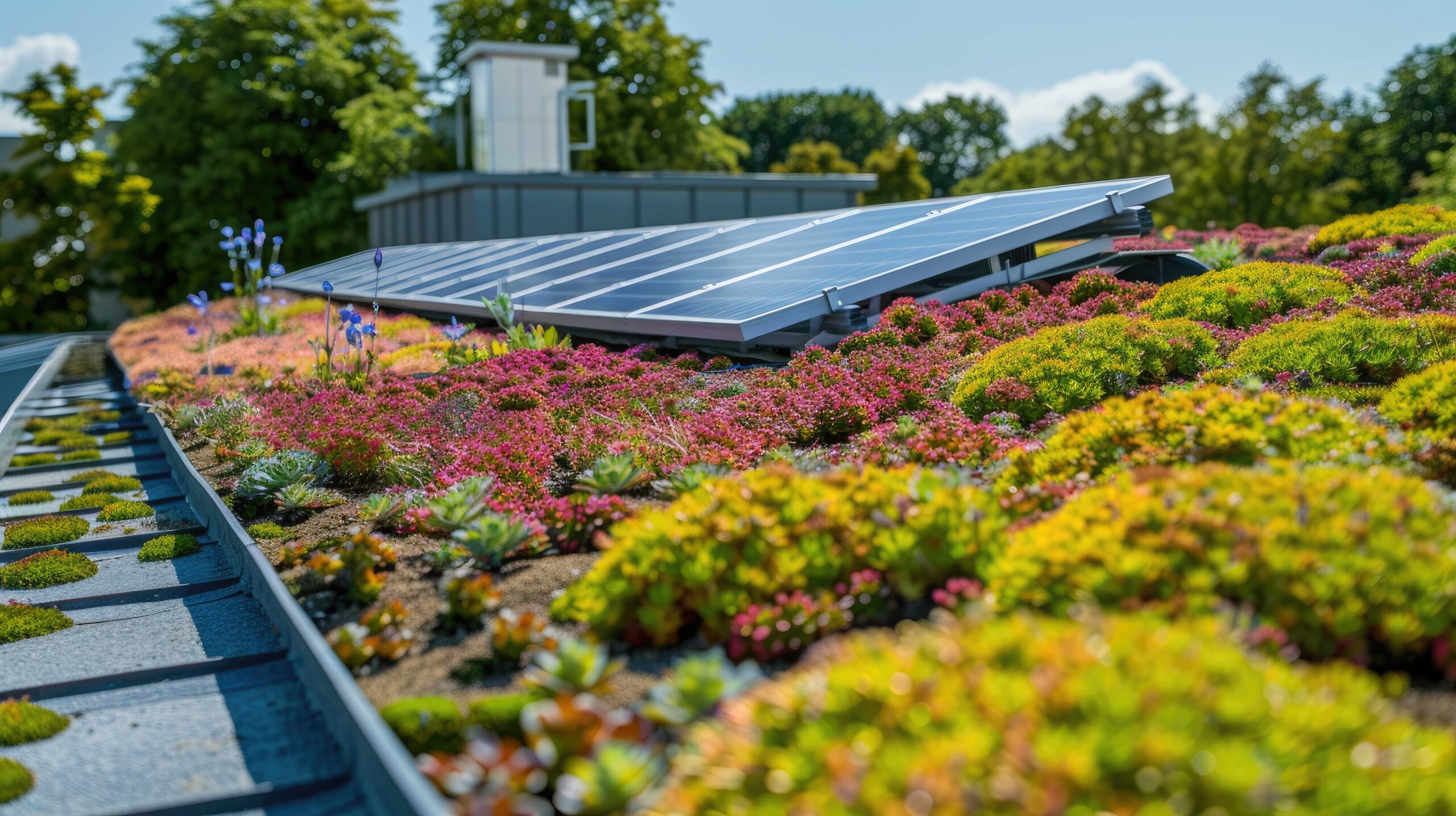 Gründach mit blühenden Sedum-Pflanzen und einer Reihe von blauen Solarpanelen zur Klimaanpassung Erneuerbares Energiesystem für grünen Strom Dachgarten