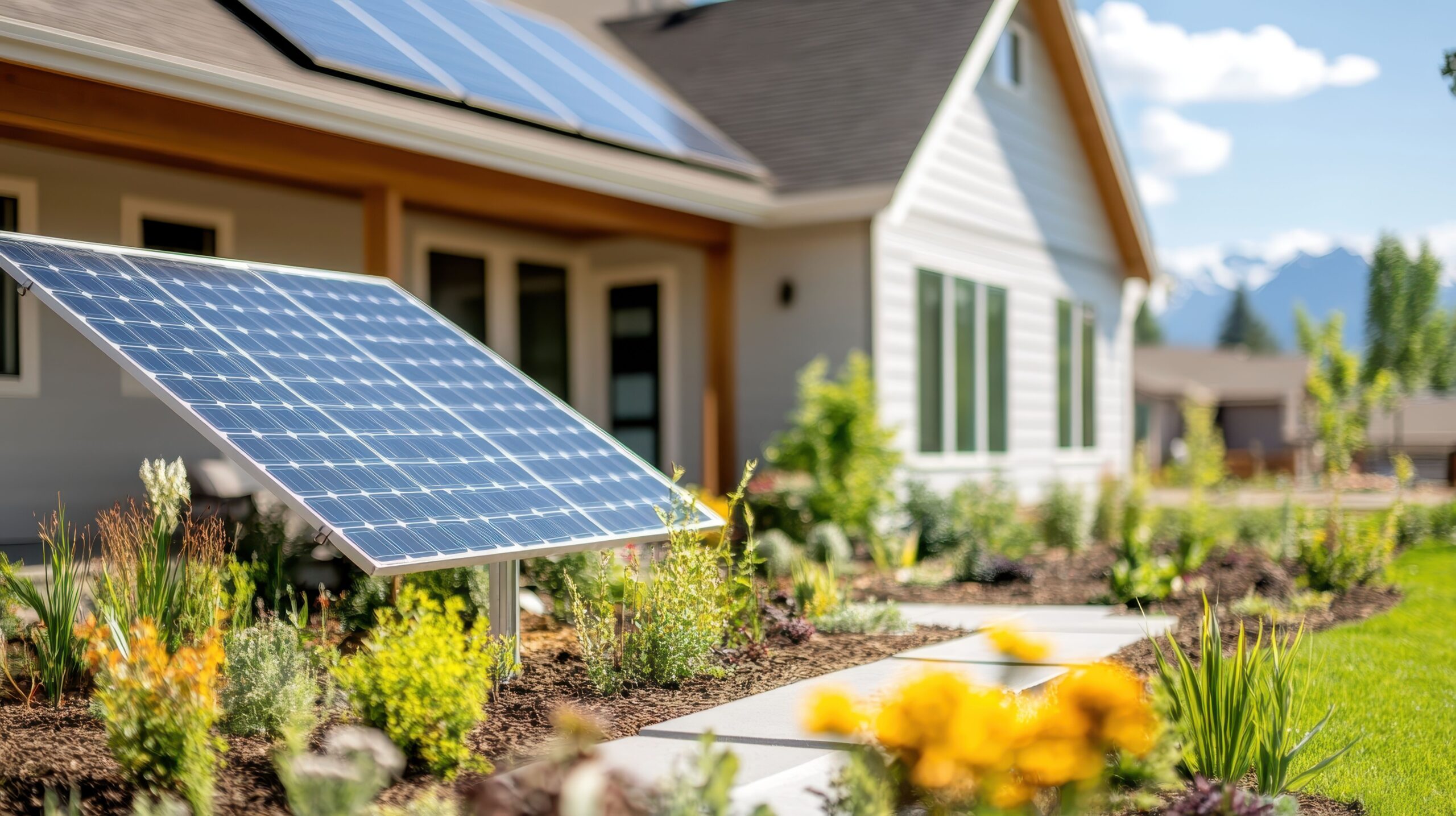 Ein schlanker Solarpanel ist inmitten eines blühenden Gartens positioniert, mit Blick auf ein modernes Haus mit großen Fenstern.