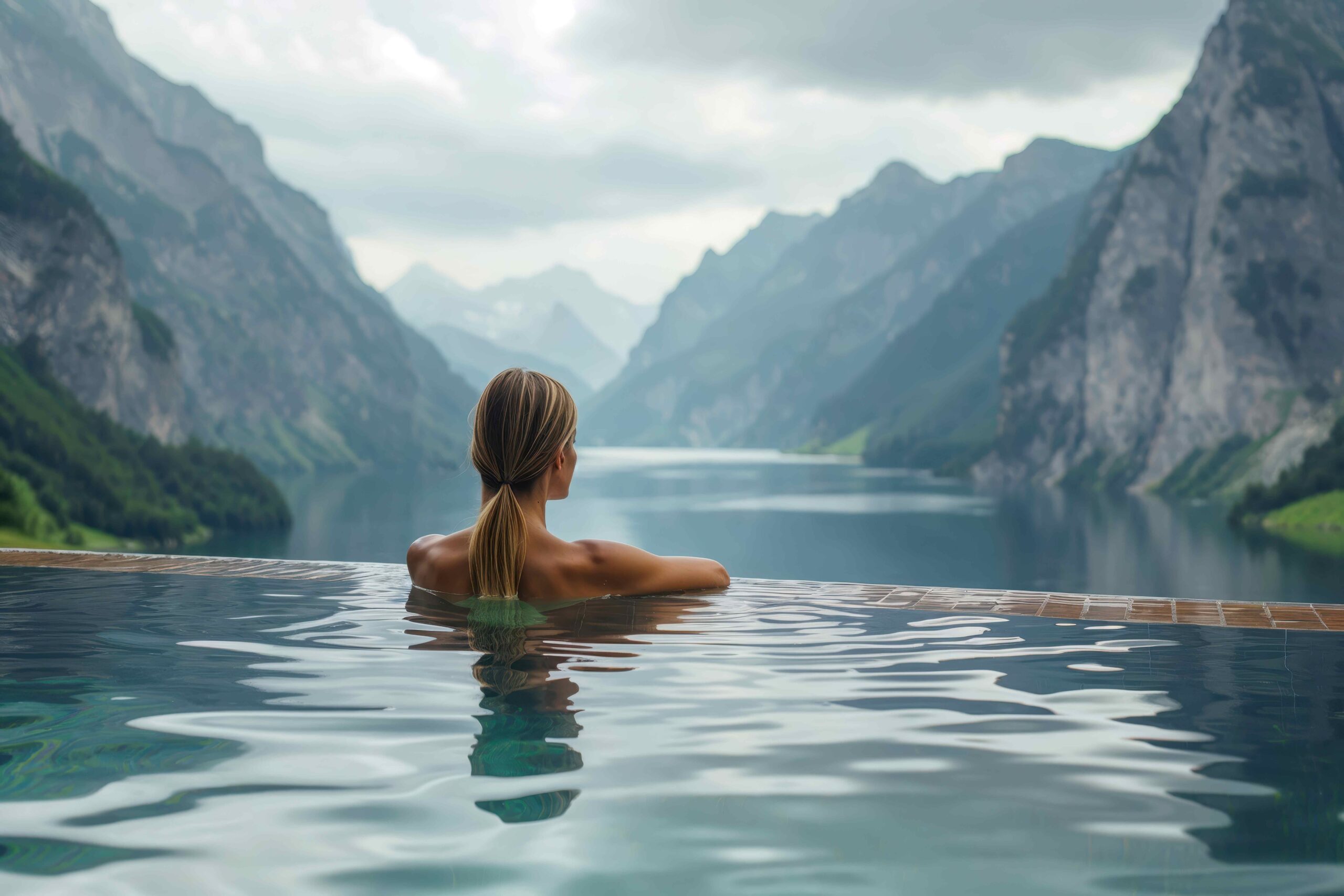 Tourist, der sich in einem Infinity-Pool entspannt und die atemberaubende Bergsicht in den Alpen genießt.