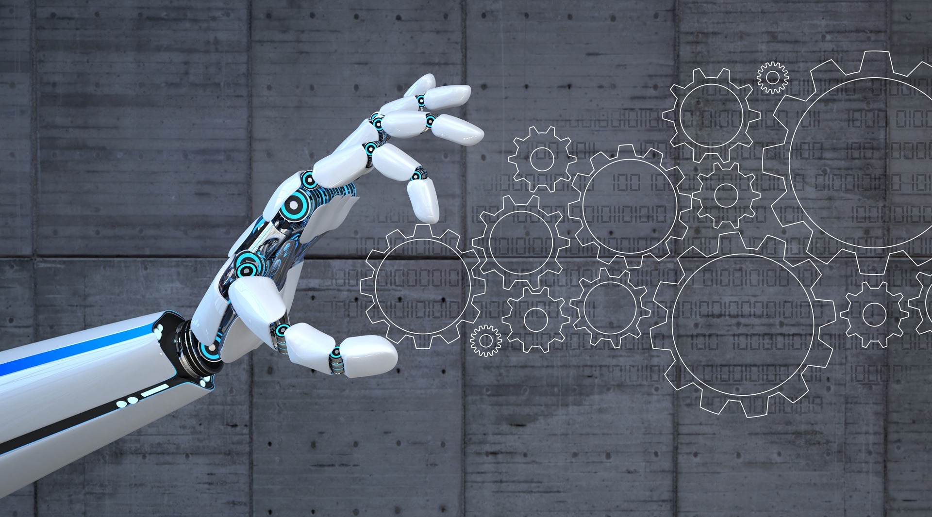 Roboterhand mit Zahnrädern im digitalen Raum | Logistikroboter

