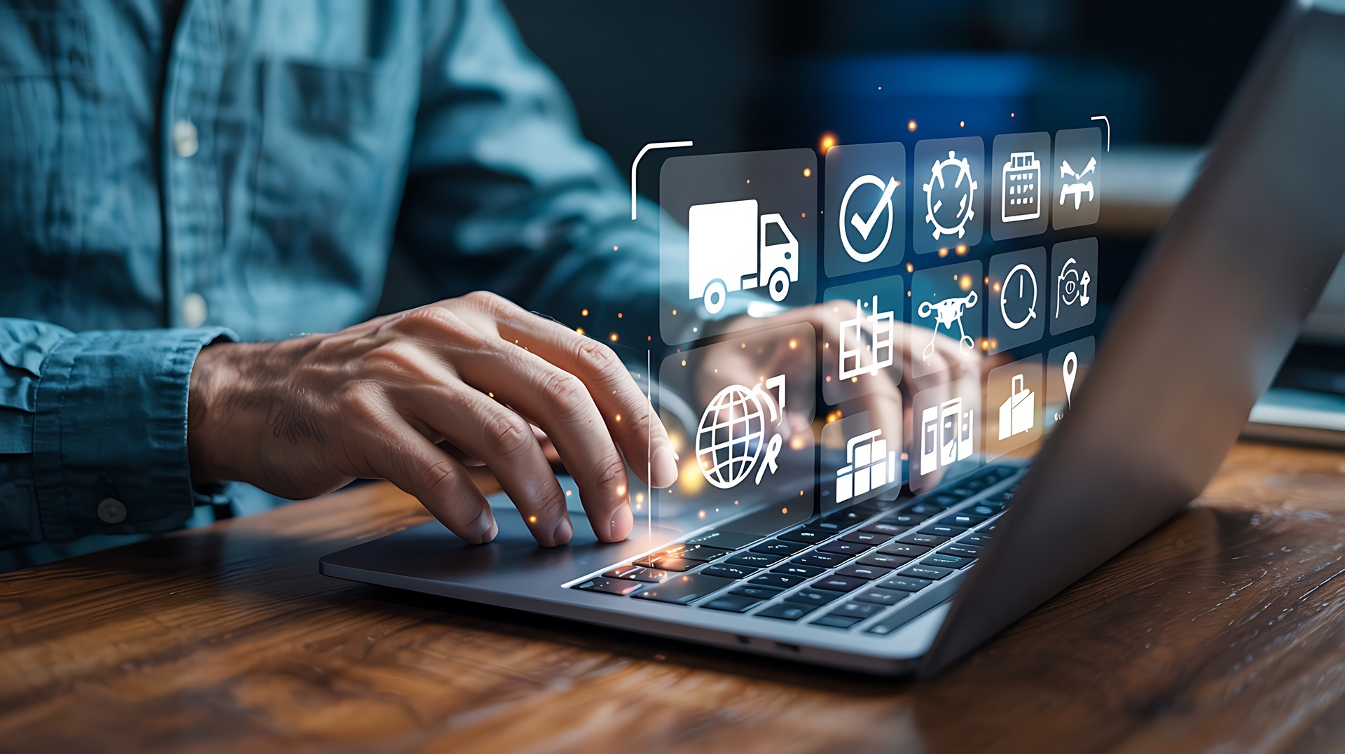 Mann bedient Laptop mit Logistikdaten | mobile Computer


