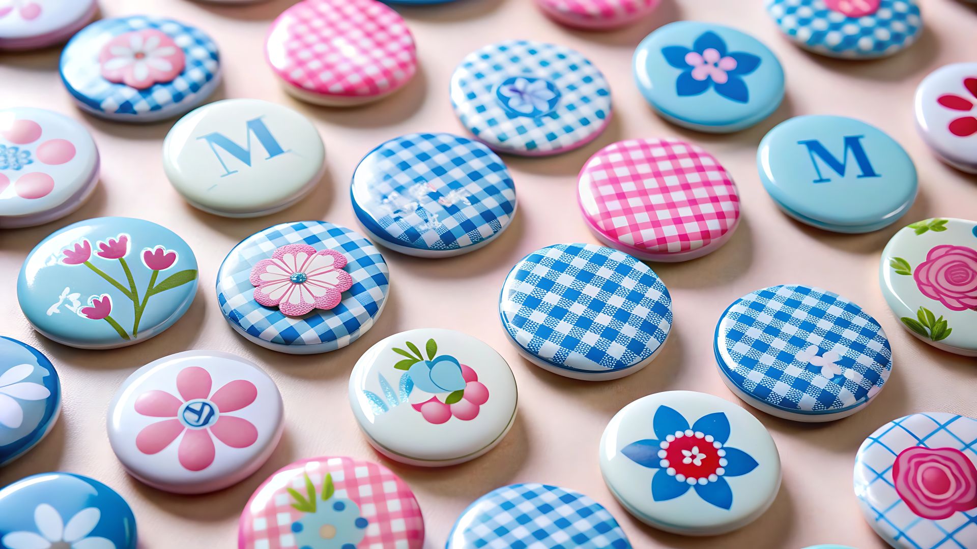 Bunte Buttons mit floralen und karierten Mustern als Beispiele für individuelles Gestalten von Buttons