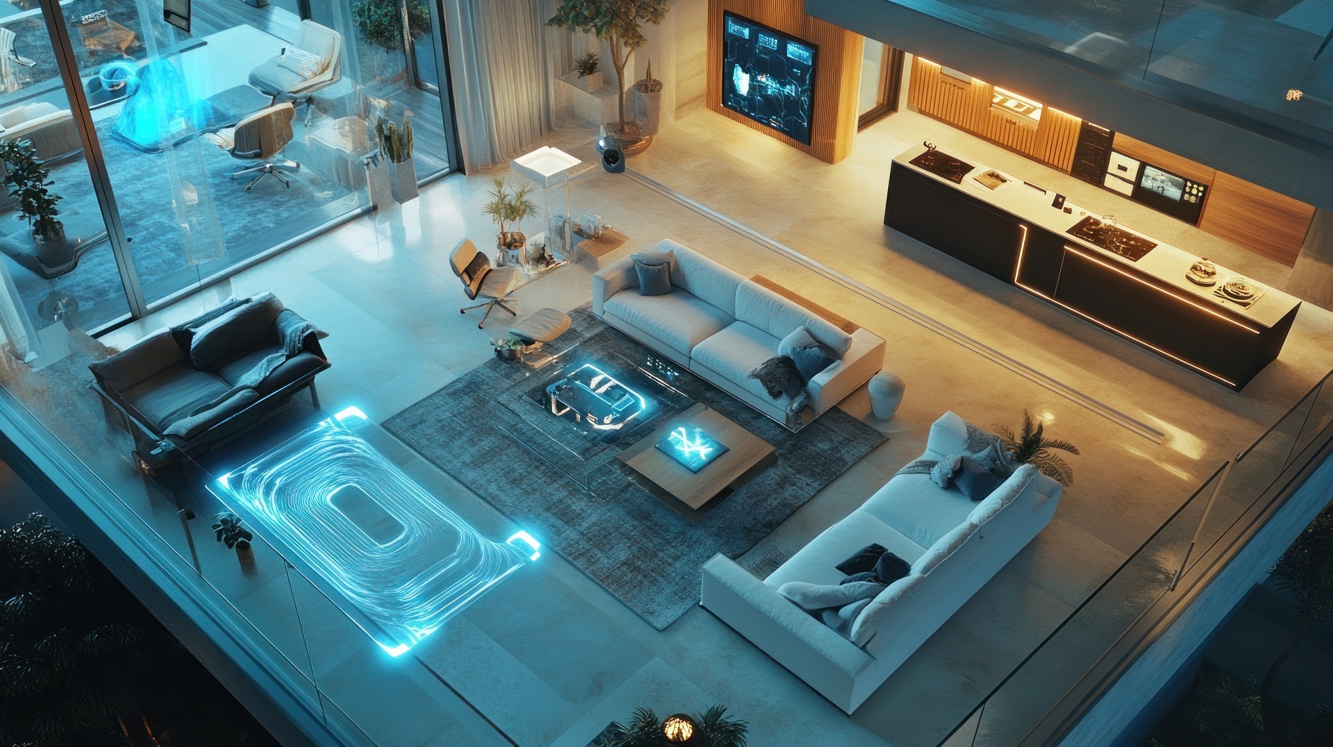 Hightech-Wohnzimmer mit LED-Beleuchtung und modernen Möbeln | Kommode Wohnzimmer