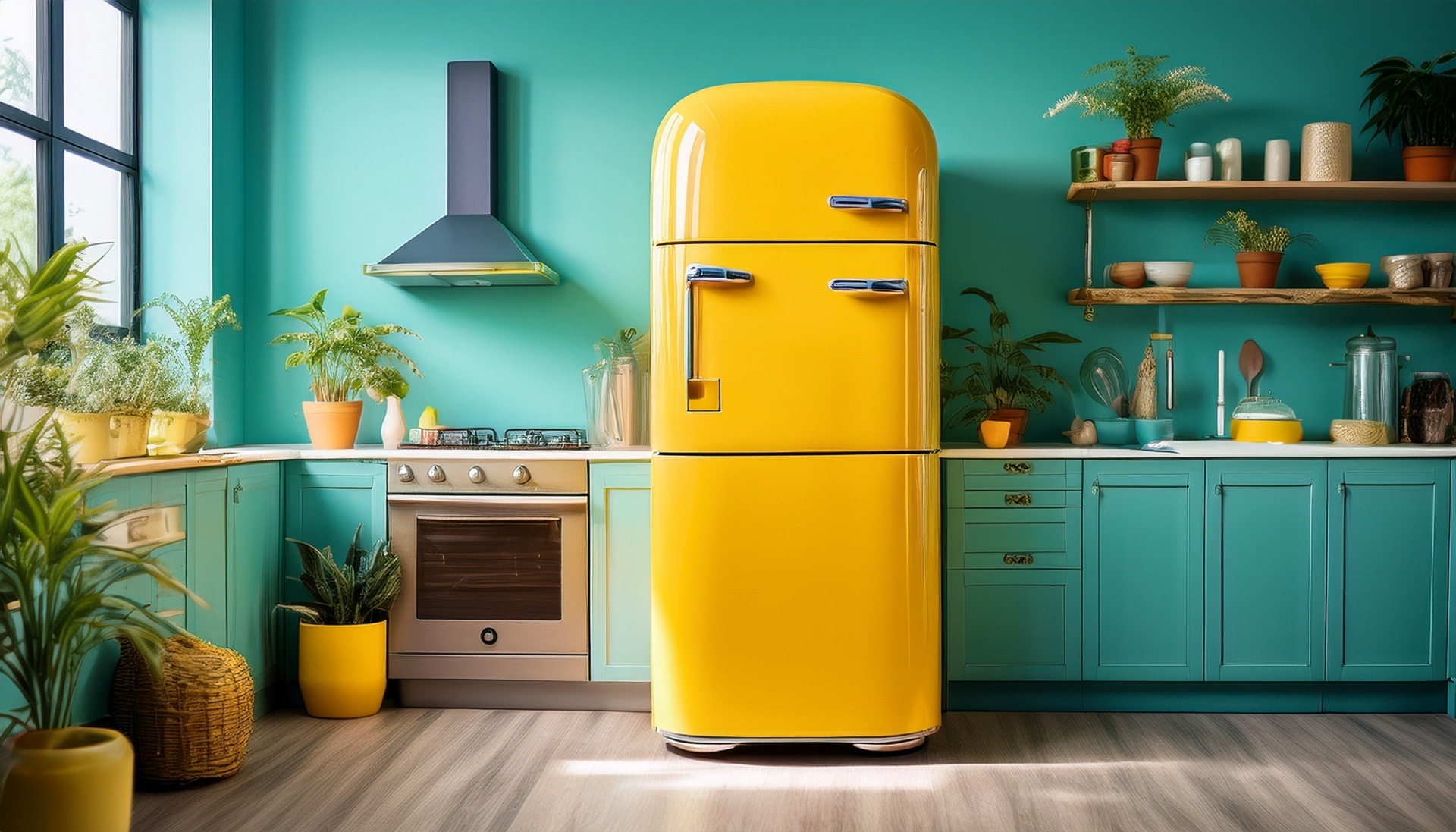 Bunte Retro-Küche mit gelbem Kühlschrank und grüner Wand | Kommode Wohnzimmer