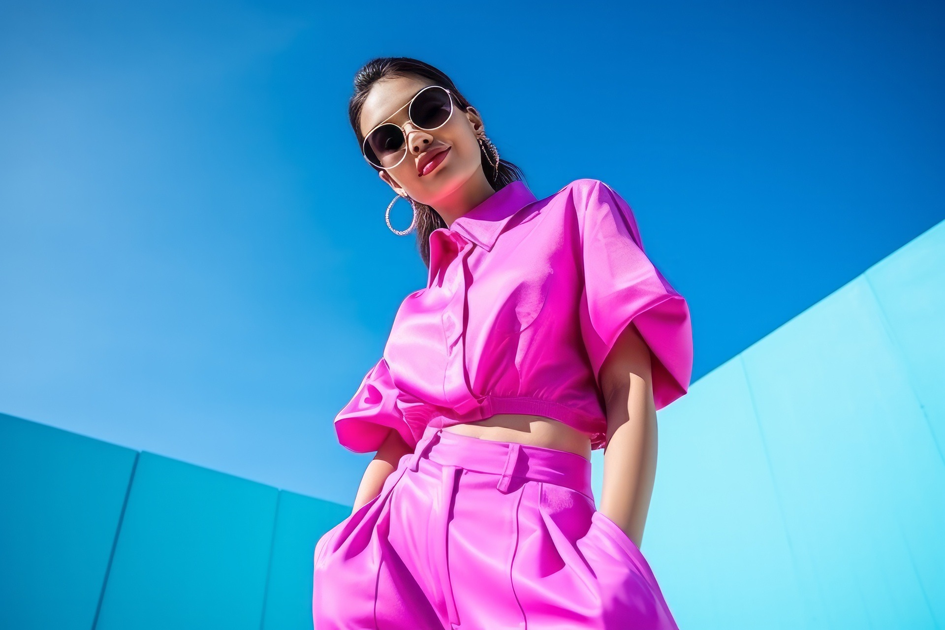 Frau im pinken Outfit unter blauem Himmel | Tape In Extensions